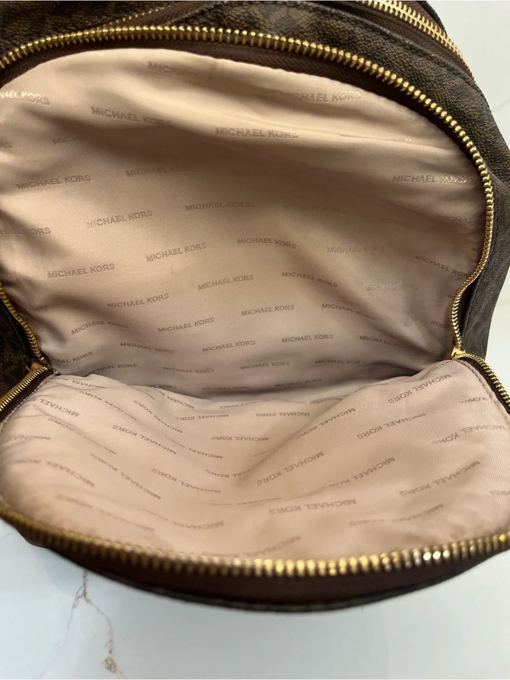 Michael Kors Brown MK Signature Logo Backpack Tan Gold Hardware